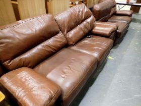 Pair of large brown leather settees, L: 210 cm. Not available for in-house P&P