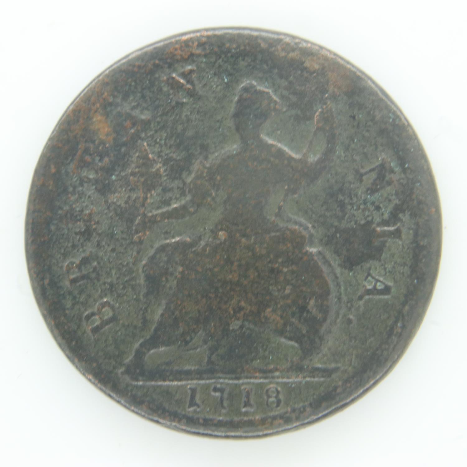 1718 dump issue halfpenny of George I - fair grade. UK P&P Group 0 (£6+VAT for the first lot and £