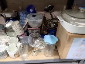 Box of electricals and a collection of kitchen items including scales. Not available for in-house
