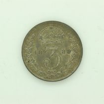 1889 silver threepence of Queen Victoria, with toning. UK P&P Group 0 (£6+VAT for the first lot