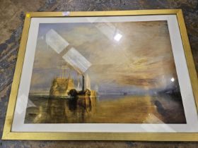 Large framed Fighting Temeraire print after JMW Turner. Not available for in-house P&P