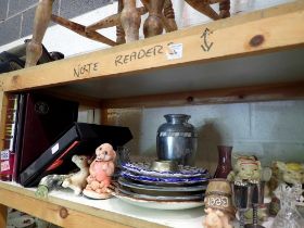 Shelf of mixed items to include ceramics. Not available for in-house P&P