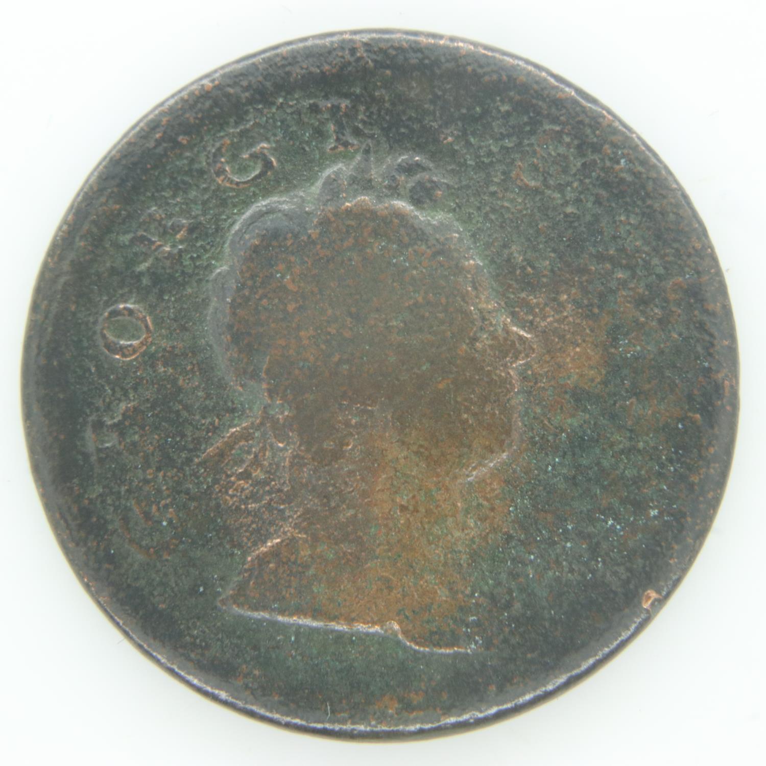 1718 dump issue halfpenny of George I - fair grade. UK P&P Group 0 (£6+VAT for the first lot and £ - Image 2 of 2
