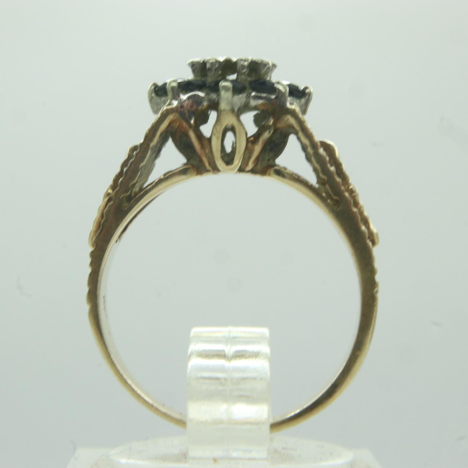 9ct gold cluster ring set with diamond and sapphires, size I/J, 3.6g. UK P&P Group 0 (£6+VAT for the - Image 2 of 3