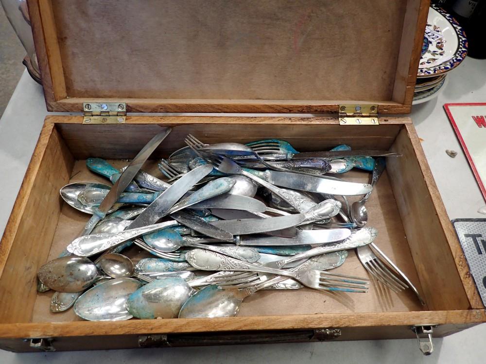 Wooden box containing silver plated flatware. Not available for in-house P&P