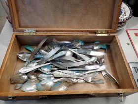 Wooden box containing silver plated flatware. Not available for in-house P&P