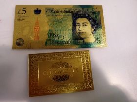 Five pound note replica, with gold plated certificate. UK P&P Group 0 (£6+VAT for the first lot