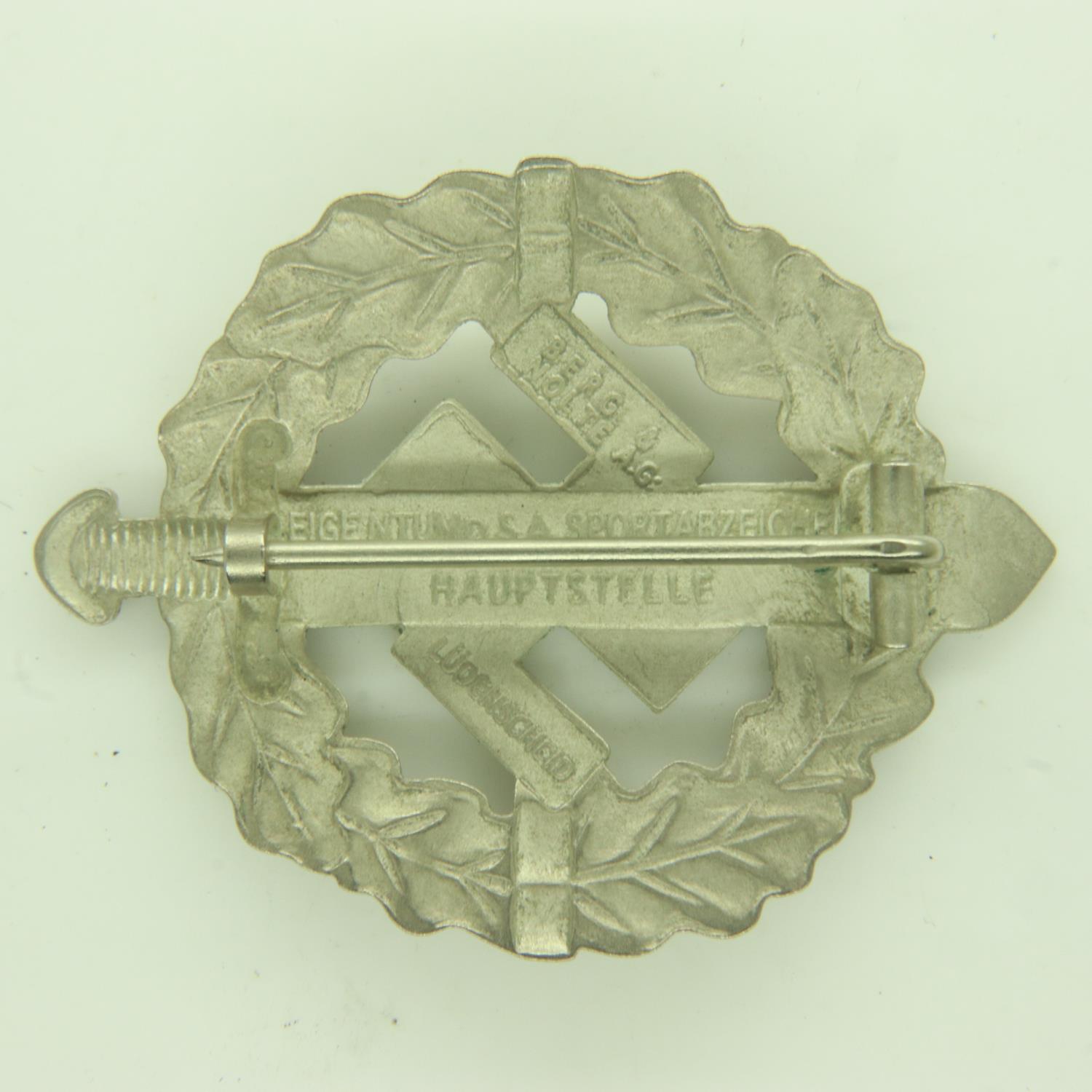 Third Reich 1st Pattern Silver Grade SA Sports Badge, maker Berg & Nolte. UK P&P Group 0 (£6+VAT for - Image 2 of 2