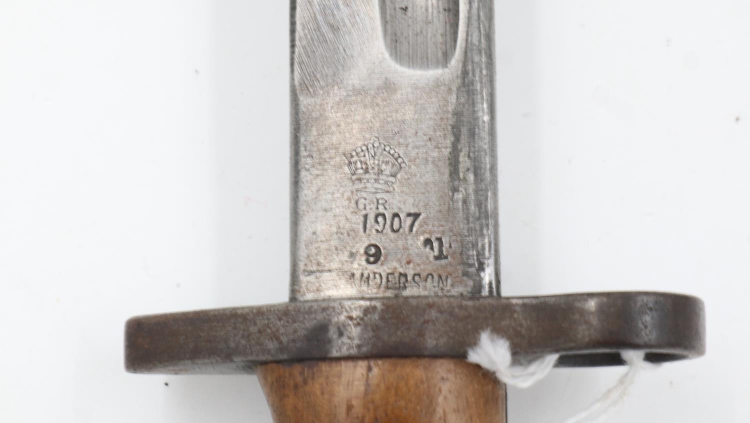 British WWI M1907 Sanderson bayonet, with metal mounted leather scabbard marked for Bussey & Co. - Image 2 of 3