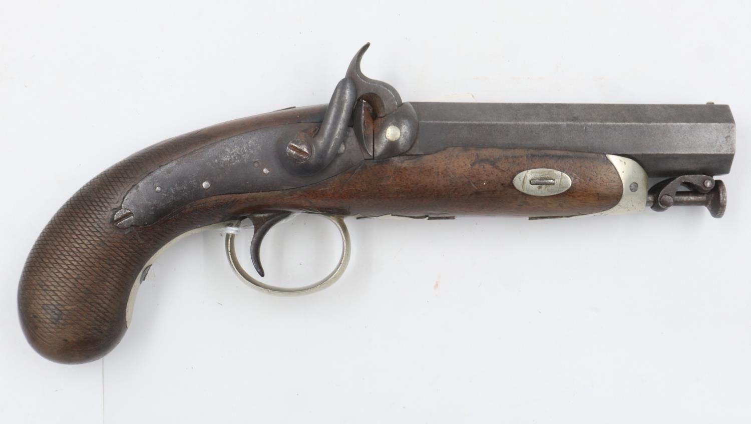 A 19th century percussion box lock pistol with steel barrel, marked Plymouth, walnut grip. UK P&P