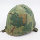 Post-WWII US M1 steel helmet, with liner and camouflage cover. UK P&P Group 2 (£20+VAT for the first