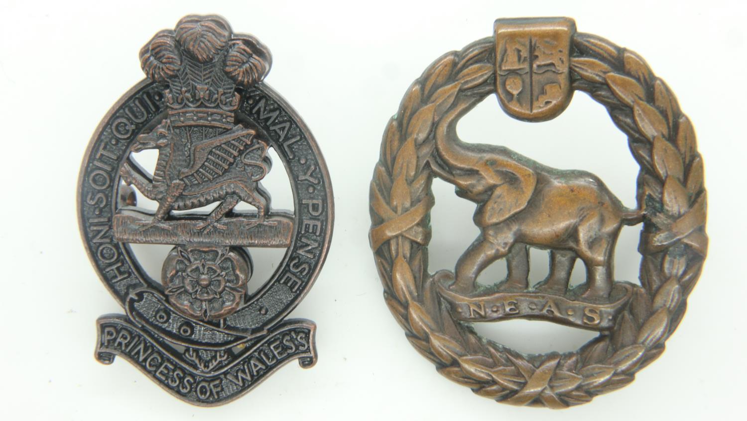 South African WWII Native Military Corps cap badge and a contemporary Princess of Wales' Own