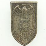 German pressed metal CHOLM 1942 arm shield. UK P&P Group 0 (£6+VAT for the first lot and £1+VAT