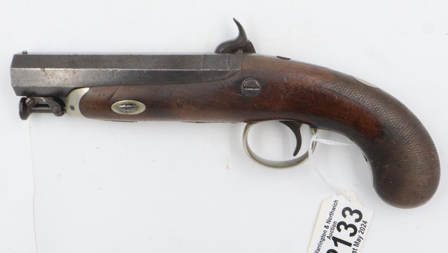 A 19th century percussion box lock pistol with steel barrel, marked Plymouth, walnut grip. UK P&P - Image 3 of 3