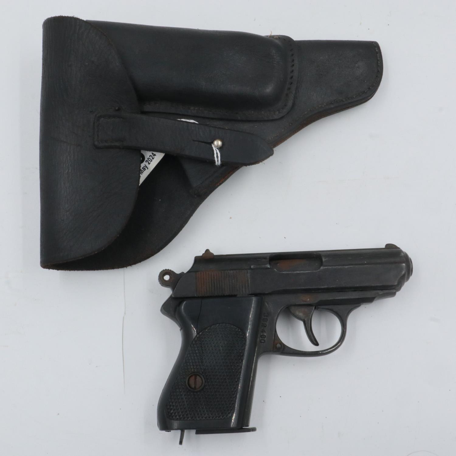 A re-enactors German police PPK pistol, with leather holster. UK P&P Group 2 (£20+VAT for the