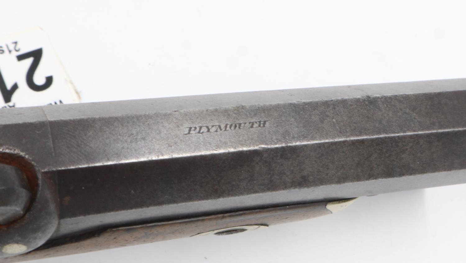A 19th century percussion box lock pistol with steel barrel, marked Plymouth, walnut grip. UK P&P - Bild 2 aus 3