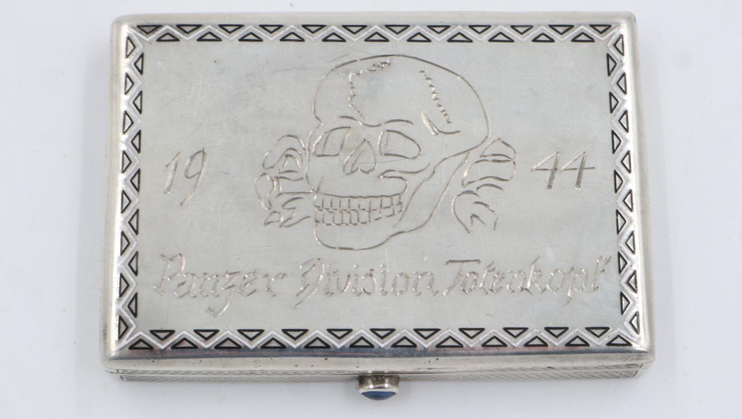 WWII Austrian silver cigarette case, engraved “1944 Panzer Division Totemkopf” to the hinged