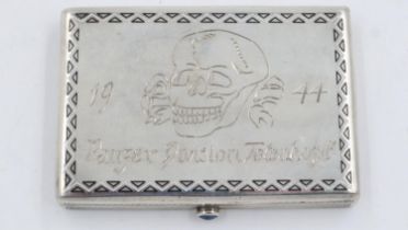 WWII Austrian silver cigarette case, engraved “1944 Panzer Division Totemkopf” to the hinged