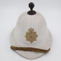 1960 dated Royal Marines Band pith helmet. with liner, badge, chin strap and top pommel. UK P&P