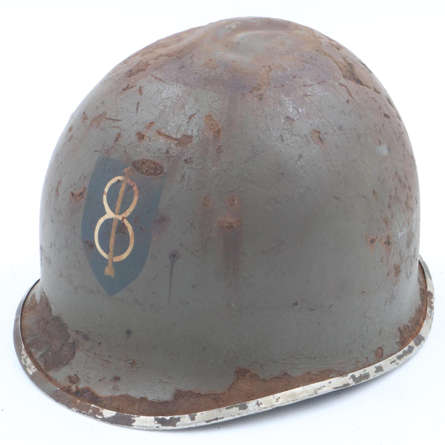 WWII US M1 Swivel Bale Helmet, with insignia of the 8th Infantry Division. This helmet has the