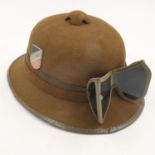 WWII second pattern 1942 issue German Africa Corps Tropical pith helmet & sand goggles. Clean