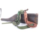 Leather Leg o Mutton shotgun case and three cartridge bandoliers. UK P&P Group 3 (£30+VAT for the