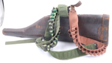 Leather Leg o Mutton shotgun case and three cartridge bandoliers. UK P&P Group 3 (£30+VAT for the