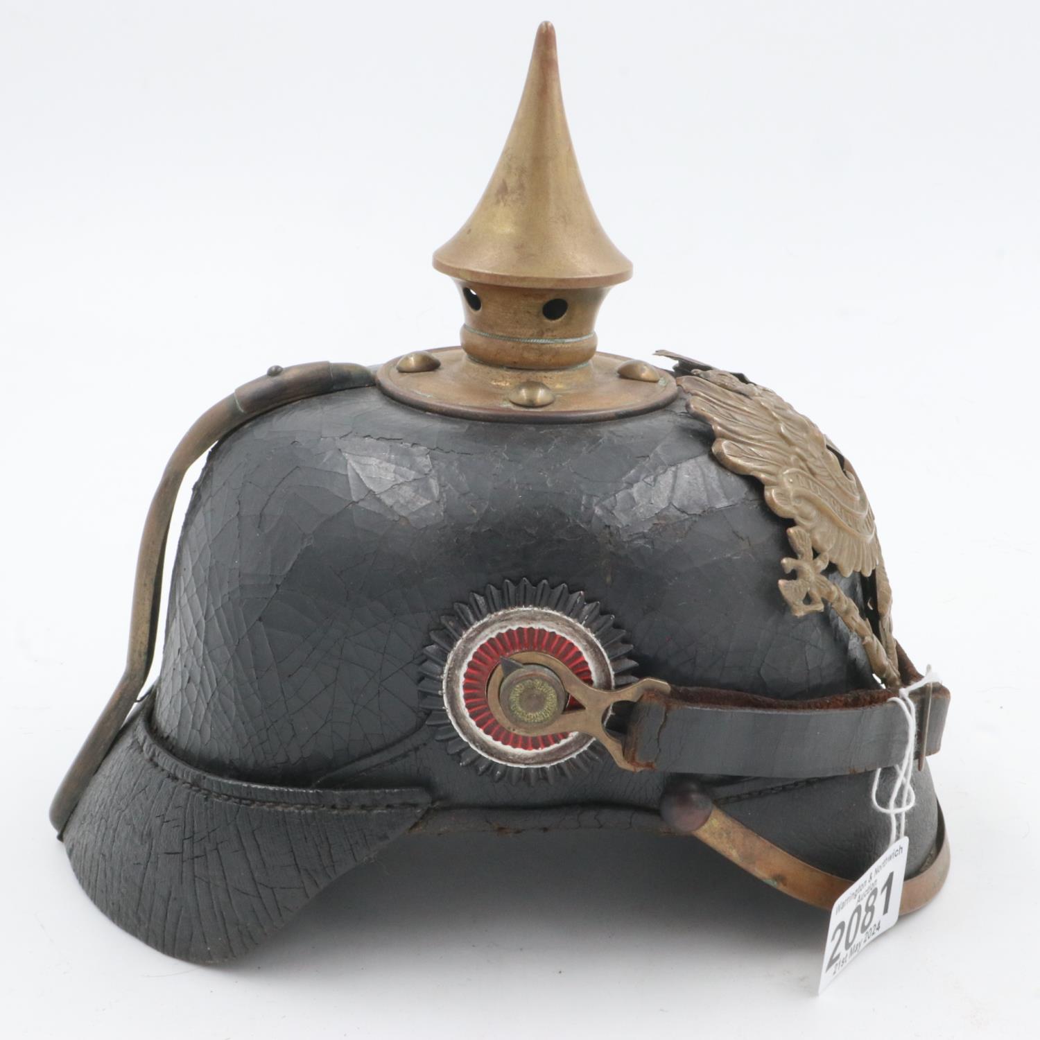 WWI 1895 model Imperial German pickelhaube with chinstrap and cockades. unit marked to the 70th - Image 4 of 6