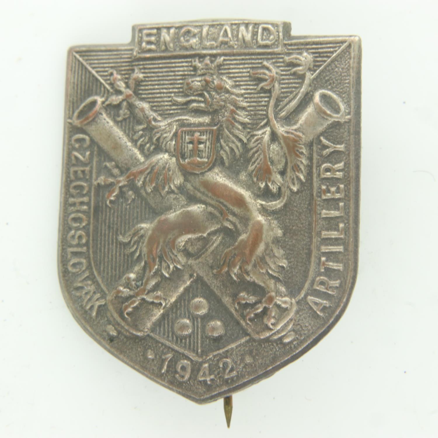 WWII Free Czechoslovak Artillery in England lapel badge dated 1942. Scarce Wartime period British