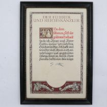 Pre-WWII German framed Golden Wedding Anniversary certificate From Adolf Hitler, the signature is