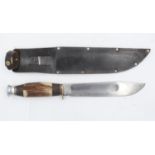 J Nowill & Sons antler handled Bowie knife with leather sheath, overall L: 33 cm, Blade 20 cm,