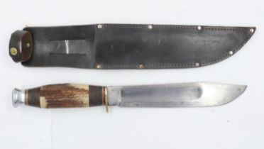 J Nowill & Sons antler handled Bowie knife with leather sheath, overall L: 33 cm, Blade 20 cm,