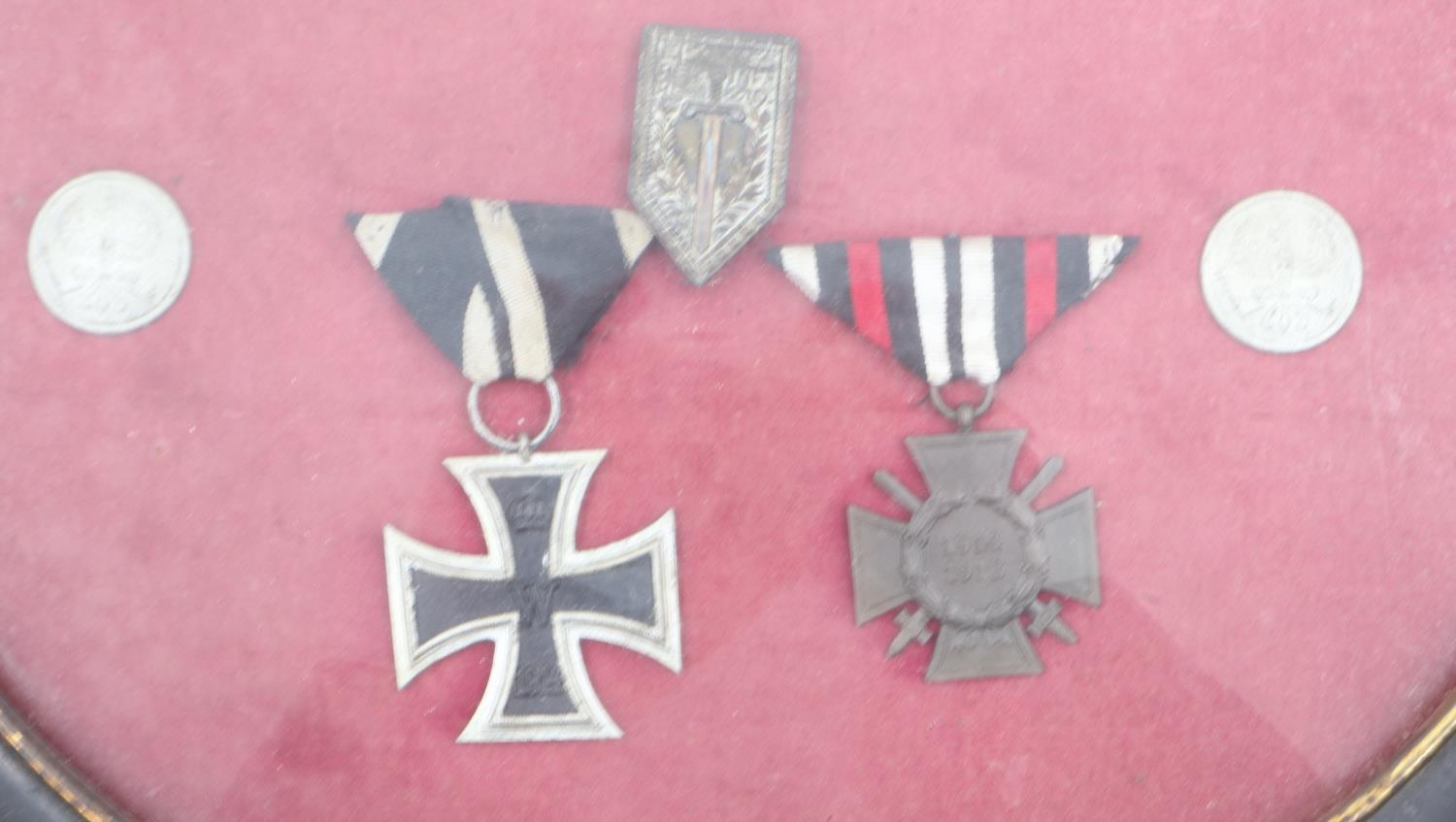 Framed WWI Imperial German Iron Cross 2nd class and Hindenburg Field Service Cross, with a - Image 2 of 2