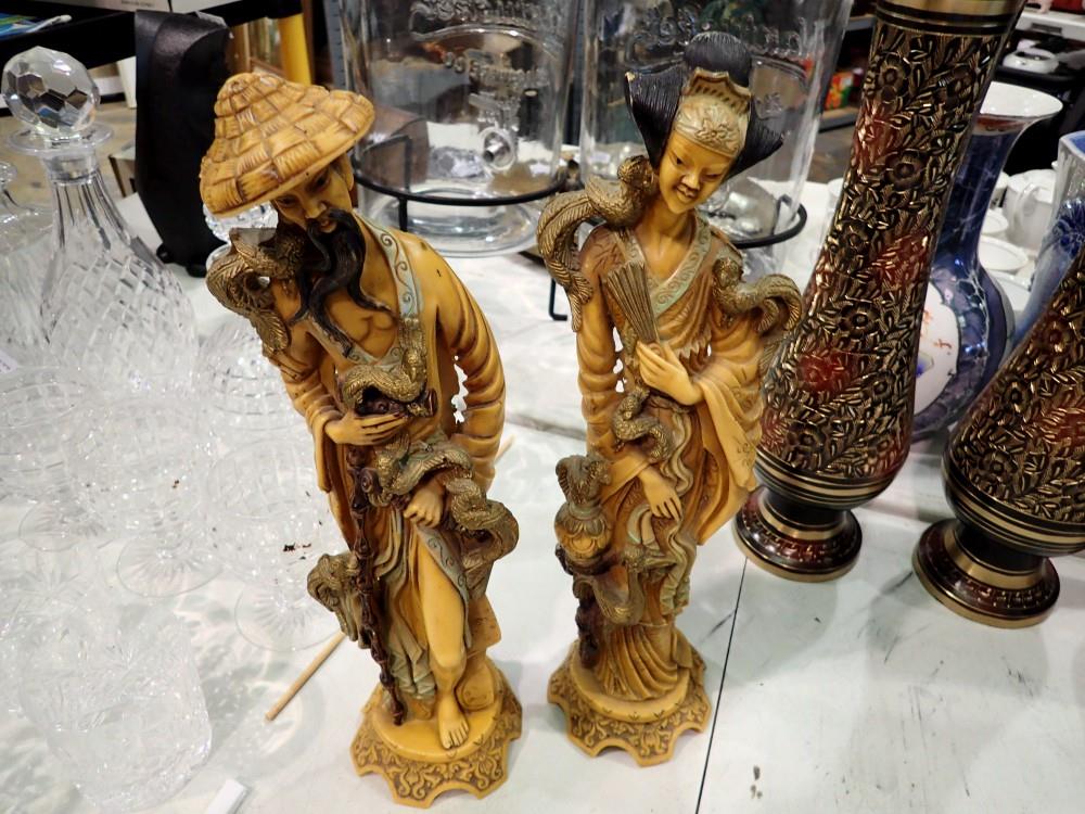 Two Oriental figurines, H: 40 cm. Not available for in-house P&P