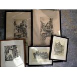 Five framed etchings to include Chester and Canterbury, largest 51 x 29 cm. Not available for in-