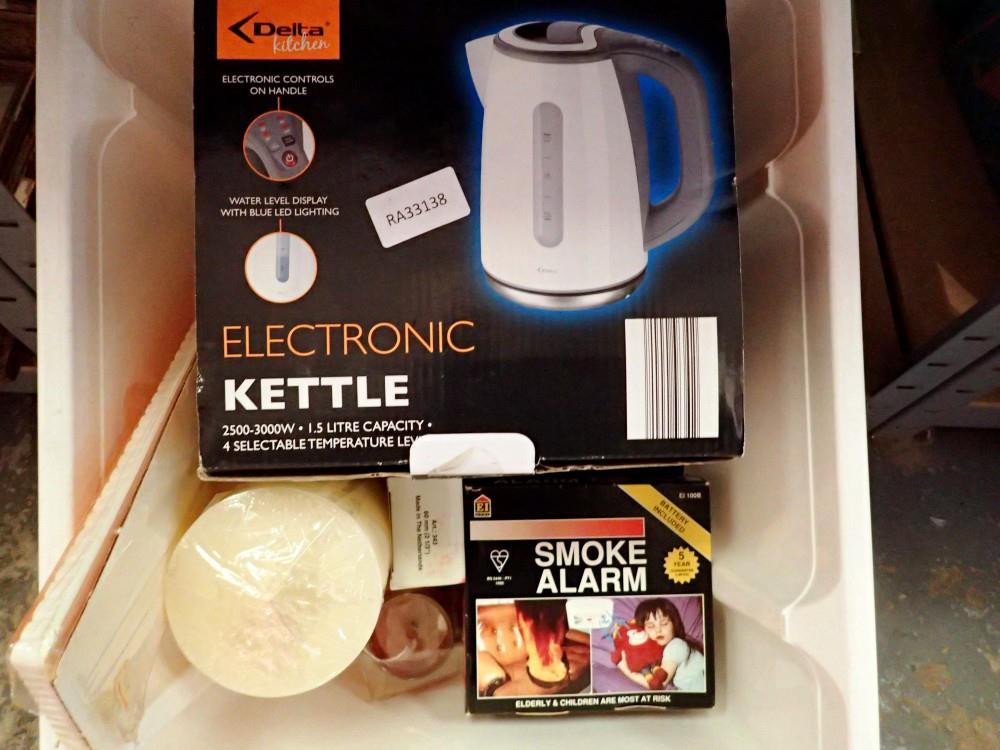 Electronic kettle and collection of mixed items and smoke alarm. Not available for in-house P&P