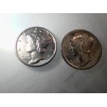 Two USA silver Mercury dimes - gVF grade. UK P&P Group 0 (£6+VAT for the first lot and £1+VAT for