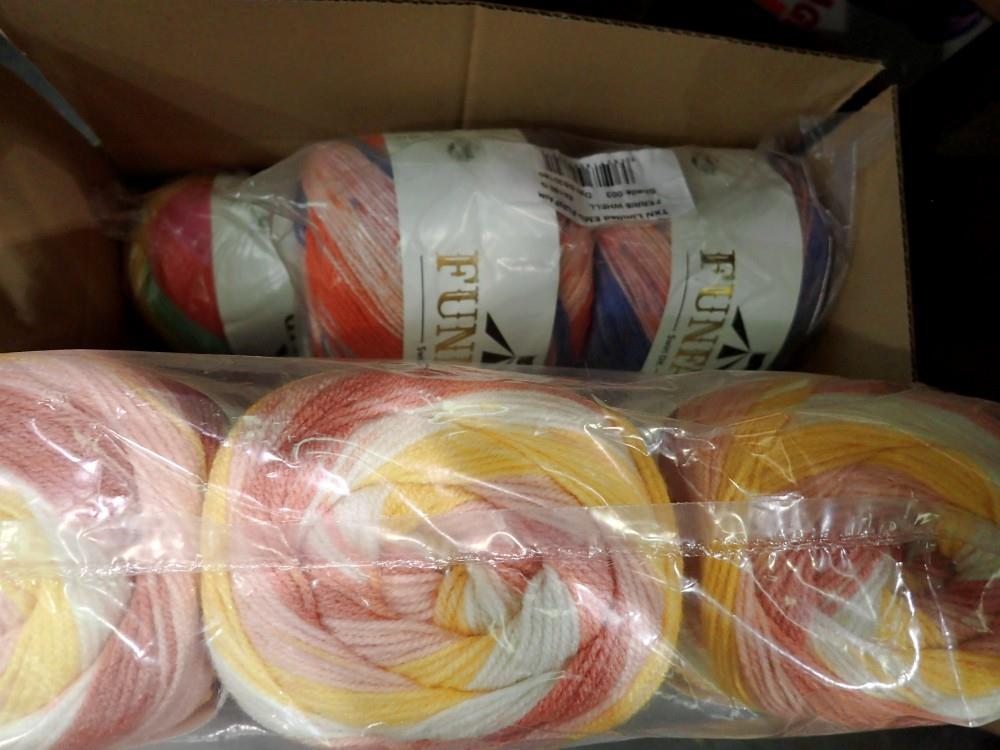 Emu fun fair wool 150g 450m packs, in different multi colour, eighteen balls in total. Not available