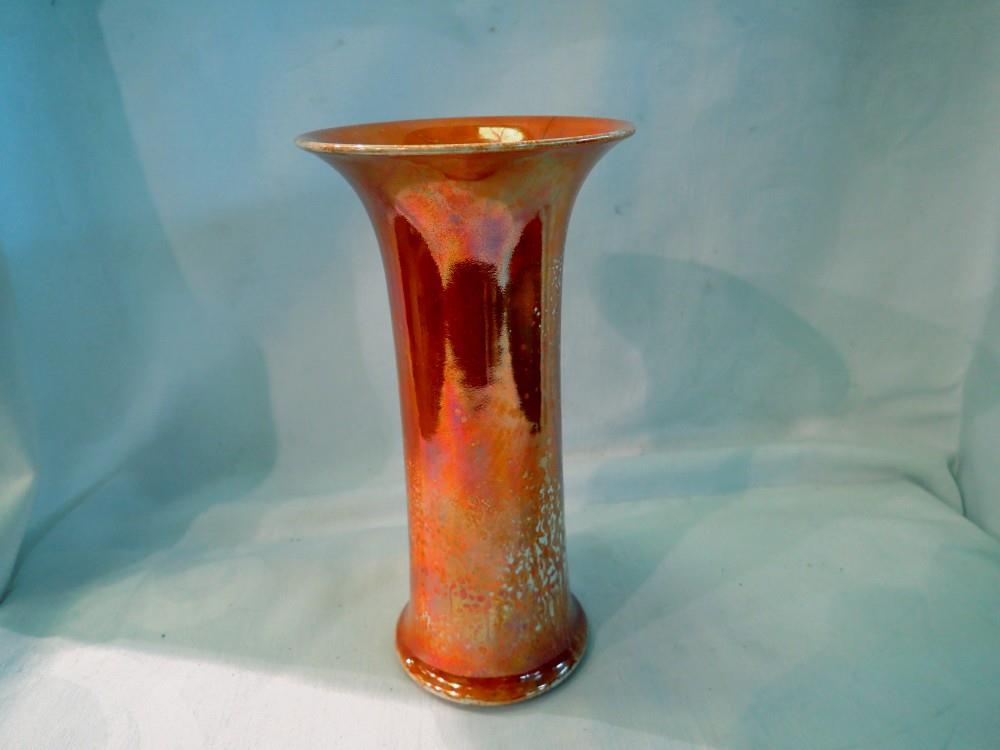 Orange lustre Ruskin vase with 4cm hairline to rim, H: 20 cm. UK P&P Group 2 (£20+VAT for the