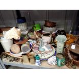 Shelf of ceramics and metal ware. Not available for in-house P&P