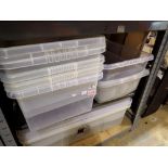 Ten plastic storage boxes. Not available for in-house P&P