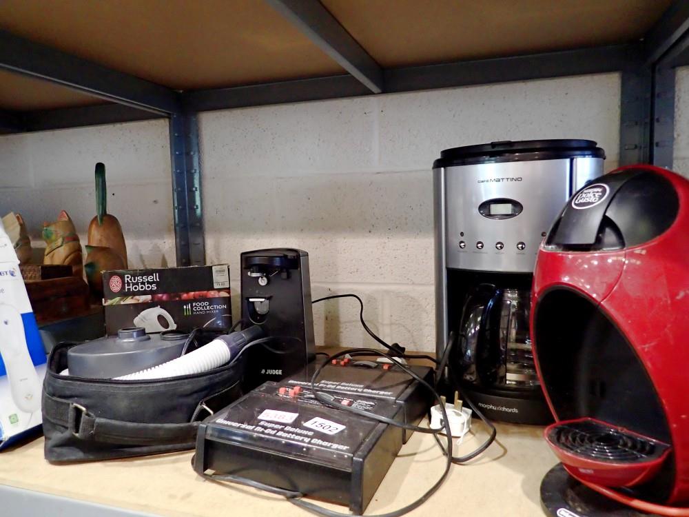 Shelf of mixed electrical items to include two coffee machines. All electrical items in this lot