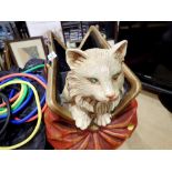 Resin cat in the bag magazine rack, L: 43 cm, W: 23 cm, H: 35 cm, multiple areas with scratches