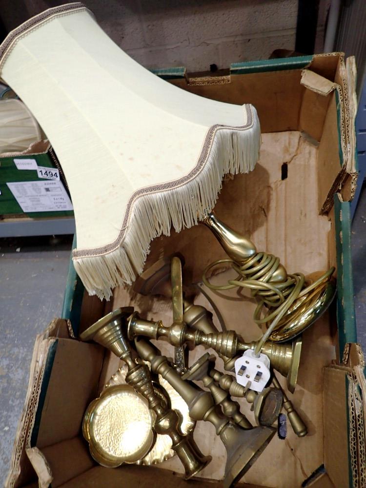 Box of mixed brass, including candlestick and a lamp. Not available for in-house P&P