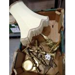 Box of mixed brass, including candlestick and a lamp. Not available for in-house P&P