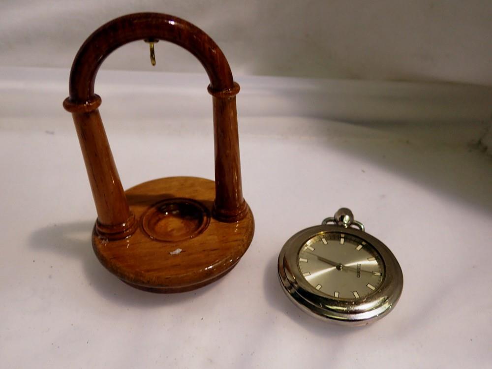 Open face pocket watch on rosewood display stand, working at lotting. UK P&P Group 1 (£16+VAT for