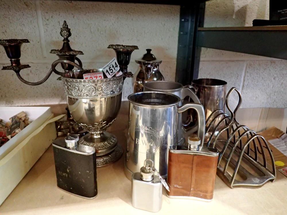 Collection of silver plated items, including a candelabra. Not available for in-house P&P