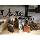 Collection of silver plated items, including a candelabra. Not available for in-house P&P