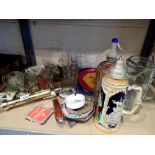 Mixed box of pub items including five pub trays, bar corkscrew, beer mats, ash trays, Bacardi jug