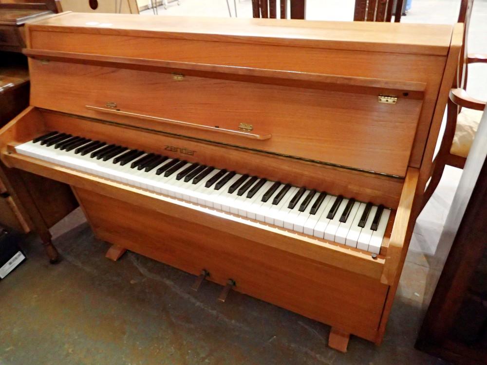 Small oak Zender overstrung piano. not available for in house postage